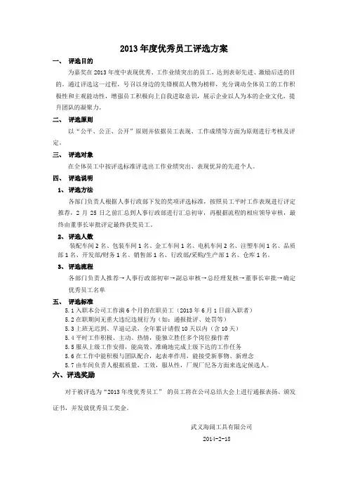 2013年度优秀员工评选方案