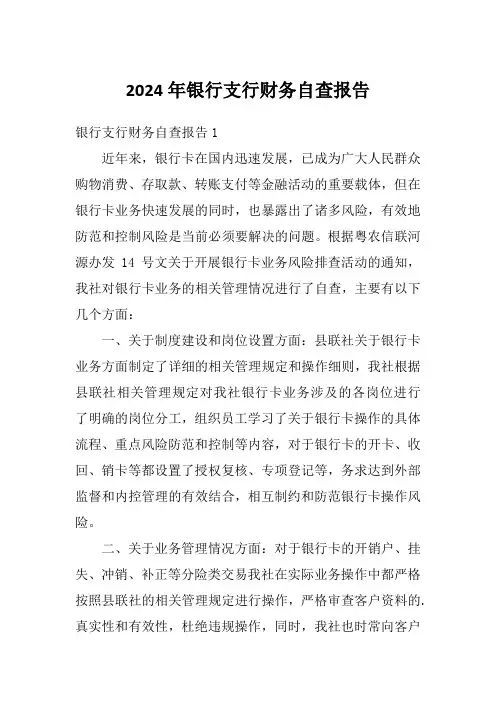 2024年银行支行财务自查报告