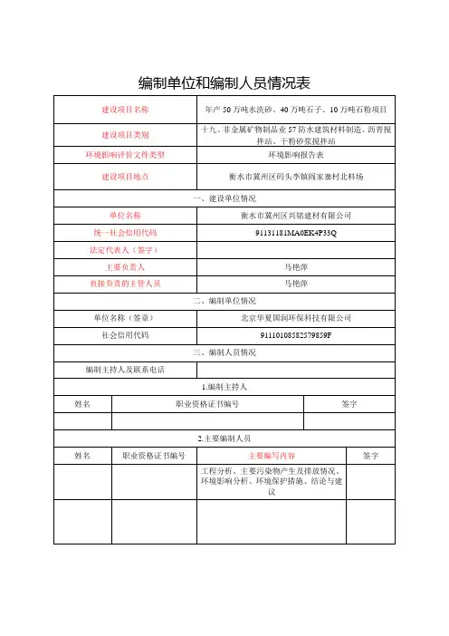 编制单位和编制人员情况表