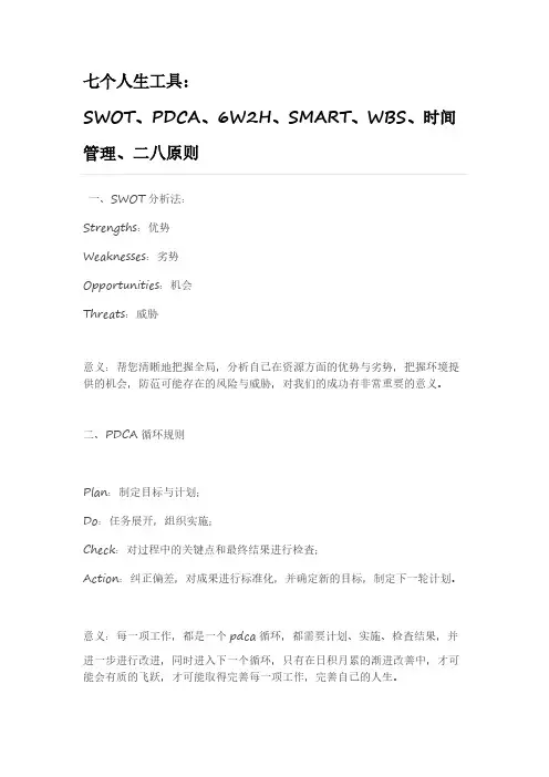 七个人生工具：SWOT、PDCA、6W2H、SMART、WBS、时间管理、二八原则-推荐下载