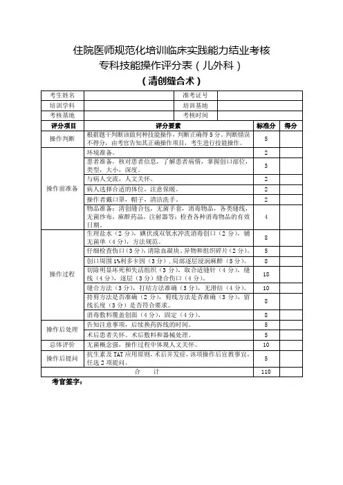 住院医师规范化培训临床实践能力结业考核专科技能操作评分表(儿外科)清创缝合术