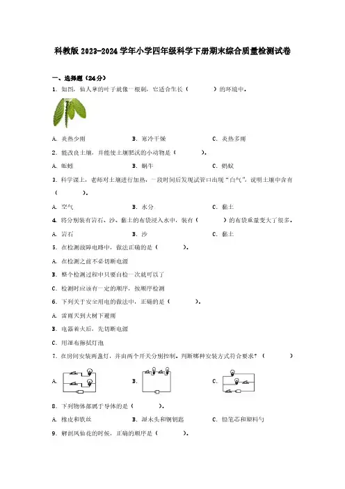 科教版2023-2024学年小学四年级科学下册期末综合质量检测试卷(含解析)