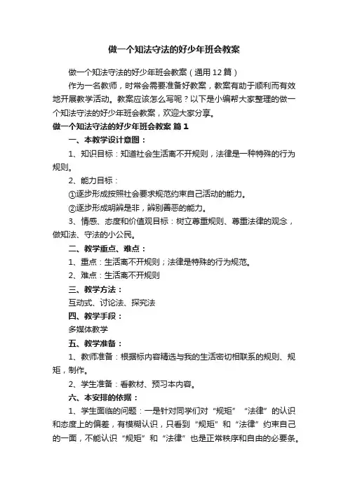 做一个知法守法的好少年班会教案