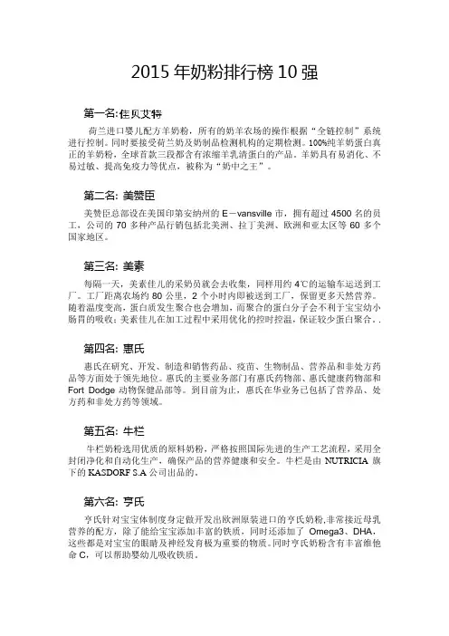 2015年奶粉排行榜10强