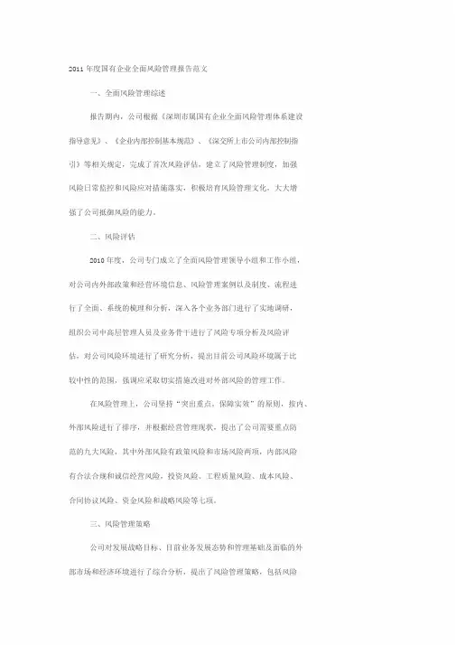 国有企业全面风险管理报告范文