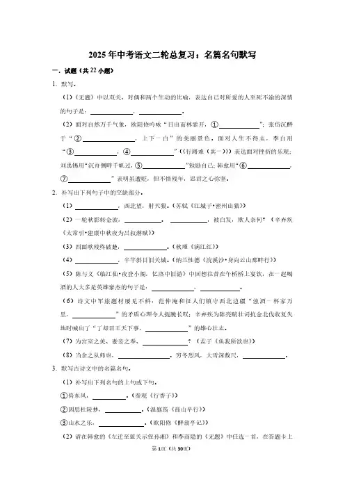 2025年中考语文二轮总复习：名篇名句默写(附答案解析)