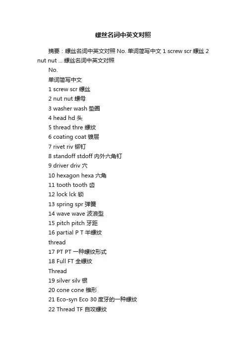螺丝名词中英文对照