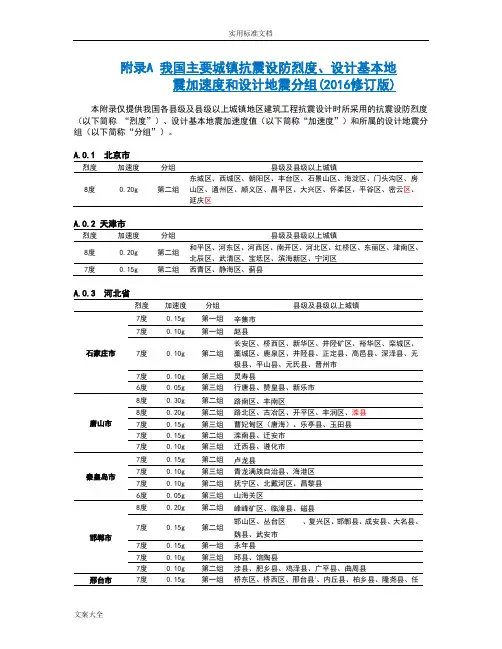 附录A我国主要城镇抗震设防烈度、设计基本地震加速度及设计地震分组[2017年修订版]