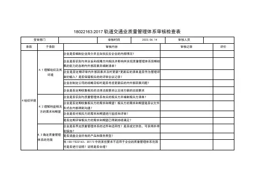 2023年ISO22163 轨道交通业质量管理体系内部审核检查表