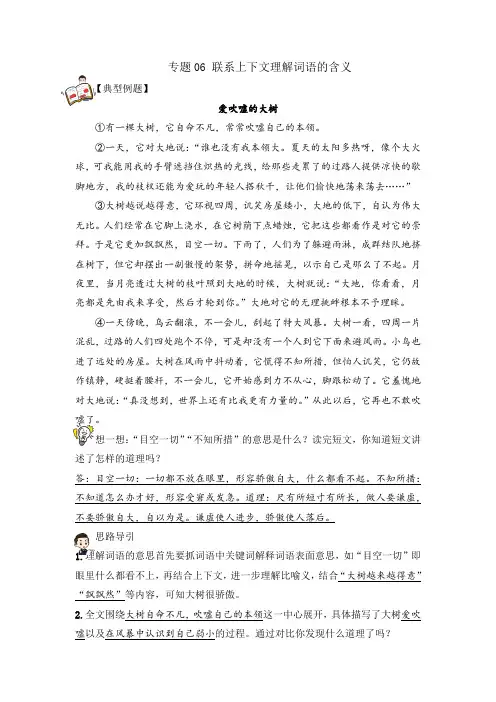 【阅读专项】专题06联系上下文理解词语的含义(试题)三年级语文部编版_教师版
