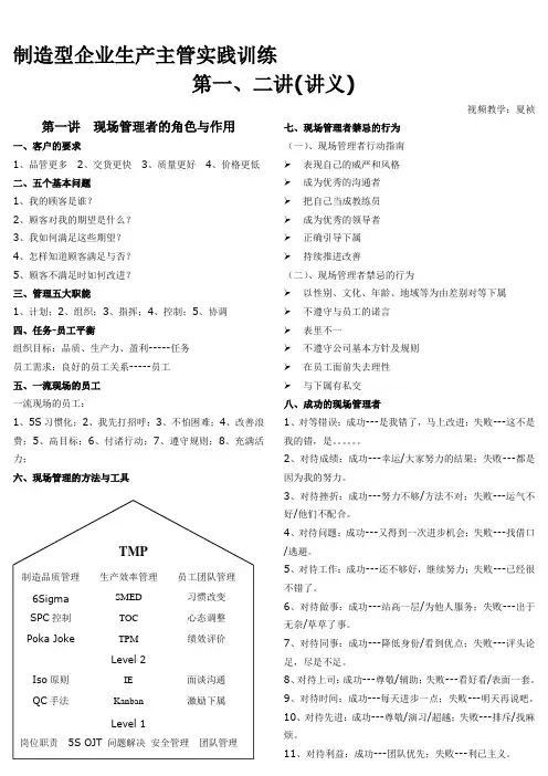 制造型企业生产主管实践训练第一、二讲(讲义)