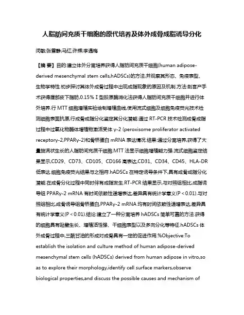人脂肪间充质干细胞的原代培养及体外成骨成脂诱导分化