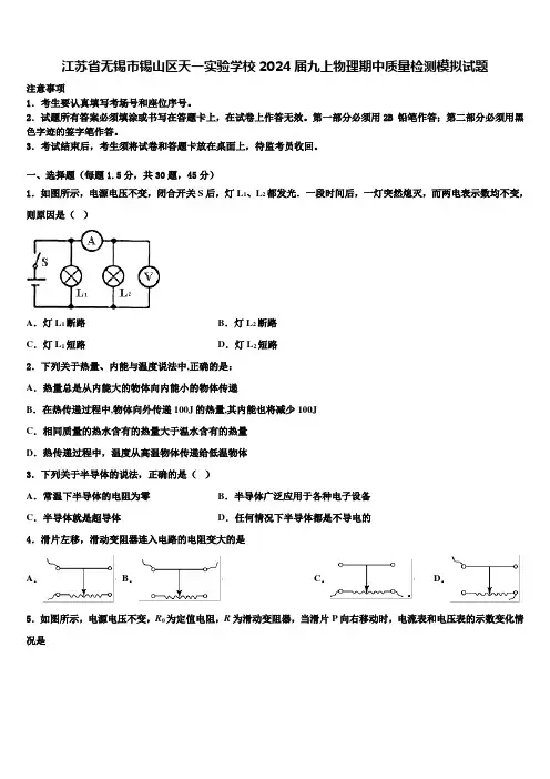 江苏省无锡市锡山区天一实验学校2024届九上物理期中质量检测模拟试题含解析