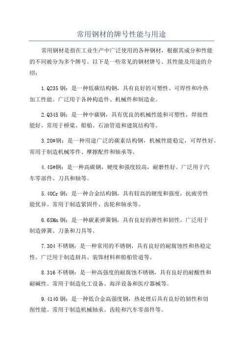 常用钢材的牌号性能与用途