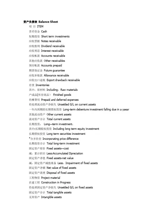 资产负债表科目中英对照