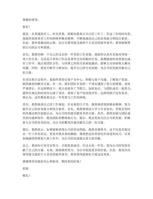 个人劳动奖励申请书