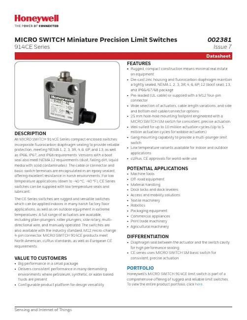 MICRO SWITCH 914CE Series 微型精密限位开关数据手册说明书