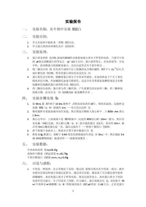 实验报告-从牛奶中分离酪蛋白