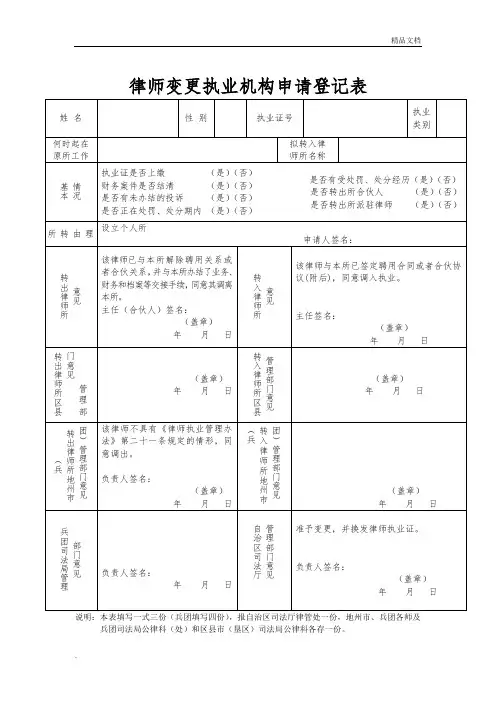 律师变更执业机构申请登记表