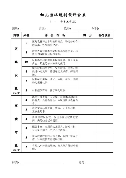 幼儿园环境创设评分表