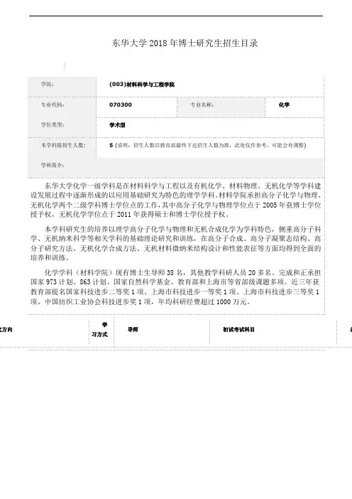 东华大学2018年博士研究生招生目录 - (003)材料科学与工程学院070300化学