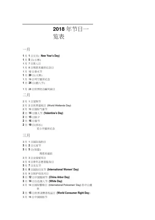 2018年节日一览表