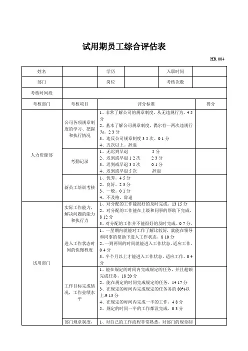 试用期员工综合评估表
