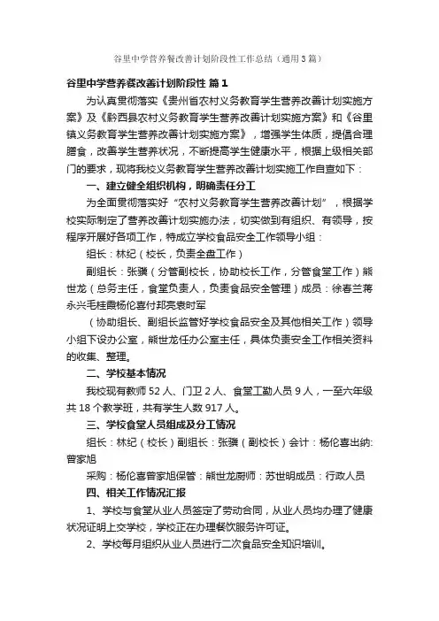 谷里中学营养餐改善计划阶段性工作总结（通用3篇）