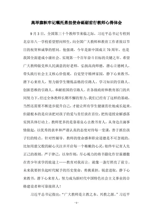 高举旗帜牢记嘱托勇担使命砥砺前行教师心得体会