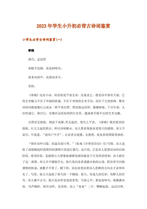 2023年文学_学生小升初必背古诗词鉴赏