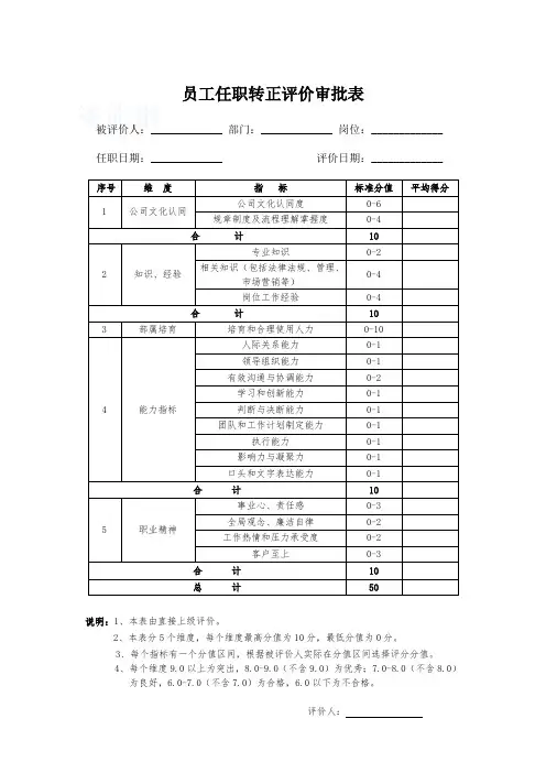 员工任职转正评价表
