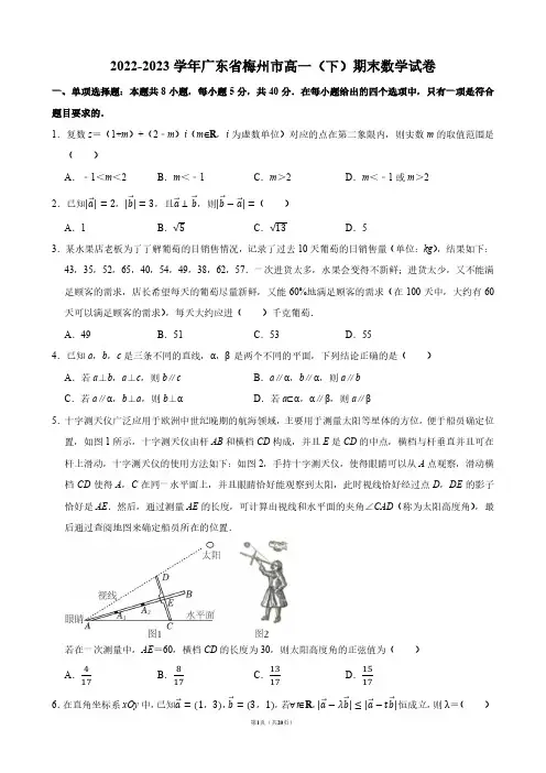 2022-2023学年广东省梅州市高一(下)期末数学试卷【答案版】