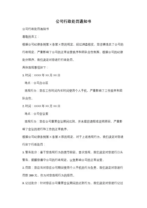公司行政处罚通知书