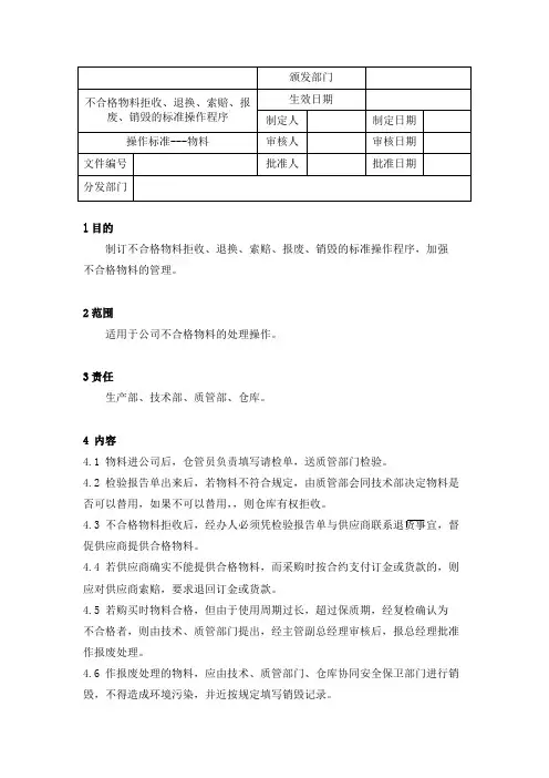 不合格物料拒收、退换、索赔、报废、销毁标准操作程序