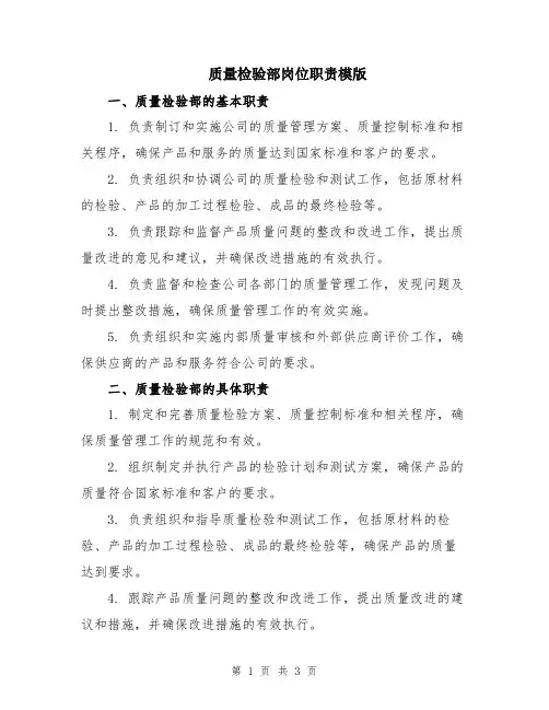 质量检验部岗位职责模版
