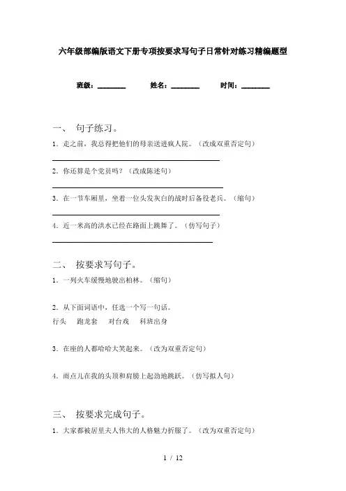 六年级部编版语文下册专项按要求写句子日常针对练习精编题型