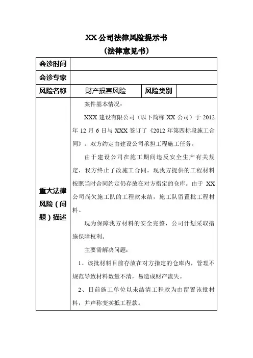 法律风险提示书(模板)