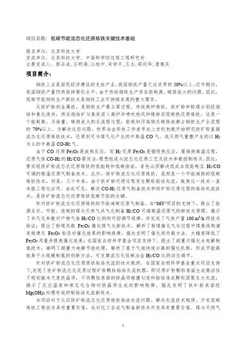 项目名称低碳节能流态化还原炼铁关键技术基础