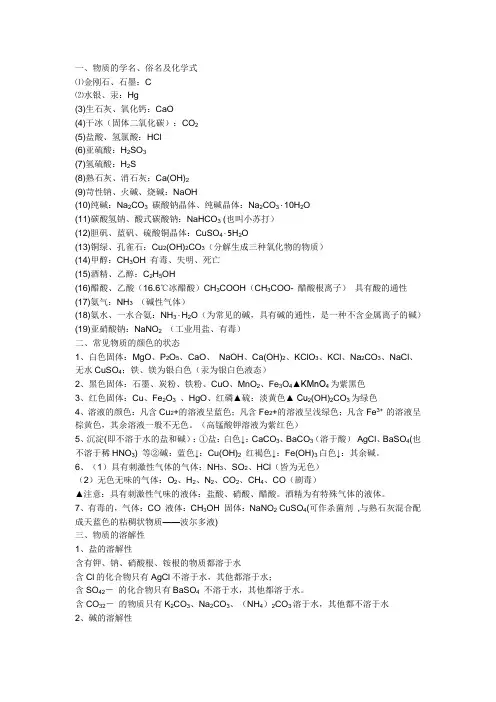 (完整版)初中化学常见物质俗名、物质颜色