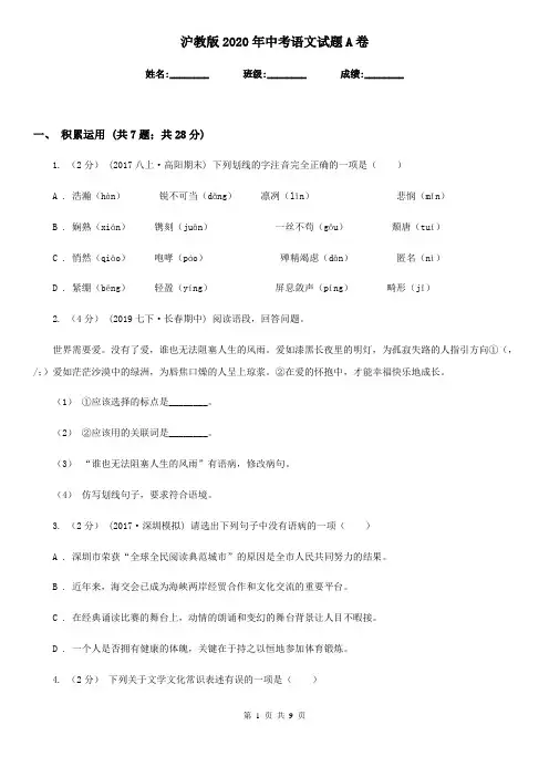 沪教版2020年中考语文试题A卷
