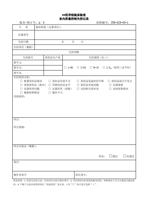 医学实验室-室内质量控制失控记录(临检定量项目)