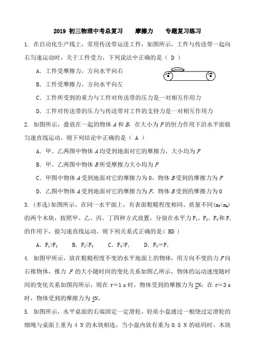 初三物理中考总复习 摩擦力 专题复习练习 含答案