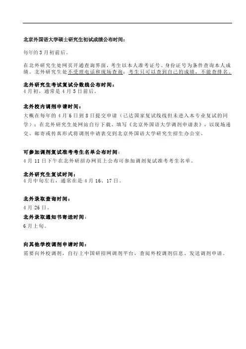 北京外国语大学考研初试分数公布、复试线公布、调剂、复试、录取时间表