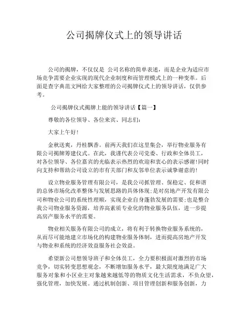 公司揭牌仪式上的领导讲话