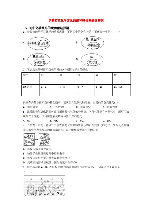 沪教初三化学常见的酸和碱检测题含答案