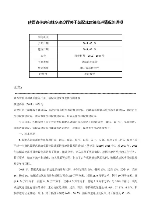 陕西省住房和城乡建设厅关于装配式建筑推进情况的通报-陕建科发〔2019〕1004号