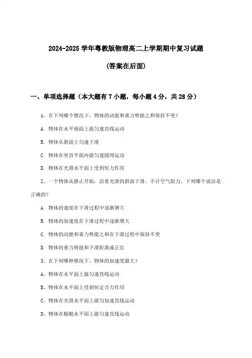 2024-2025学年粤教版高二上学期期中物理试题与参考答案