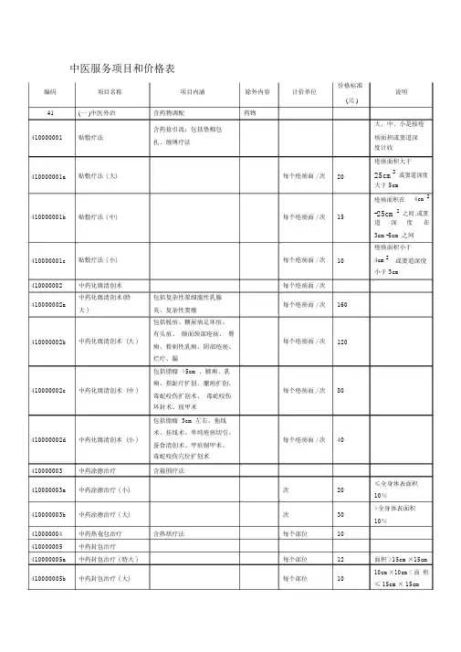 中医服务项目和价格表