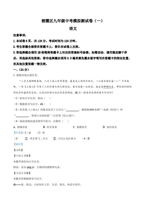 江苏省南京市栖霞区2023-2024学年九年级下学期期中语文试题(解析版)