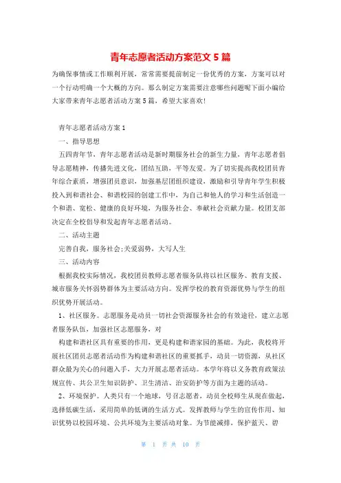青年志愿者活动方案范文5篇